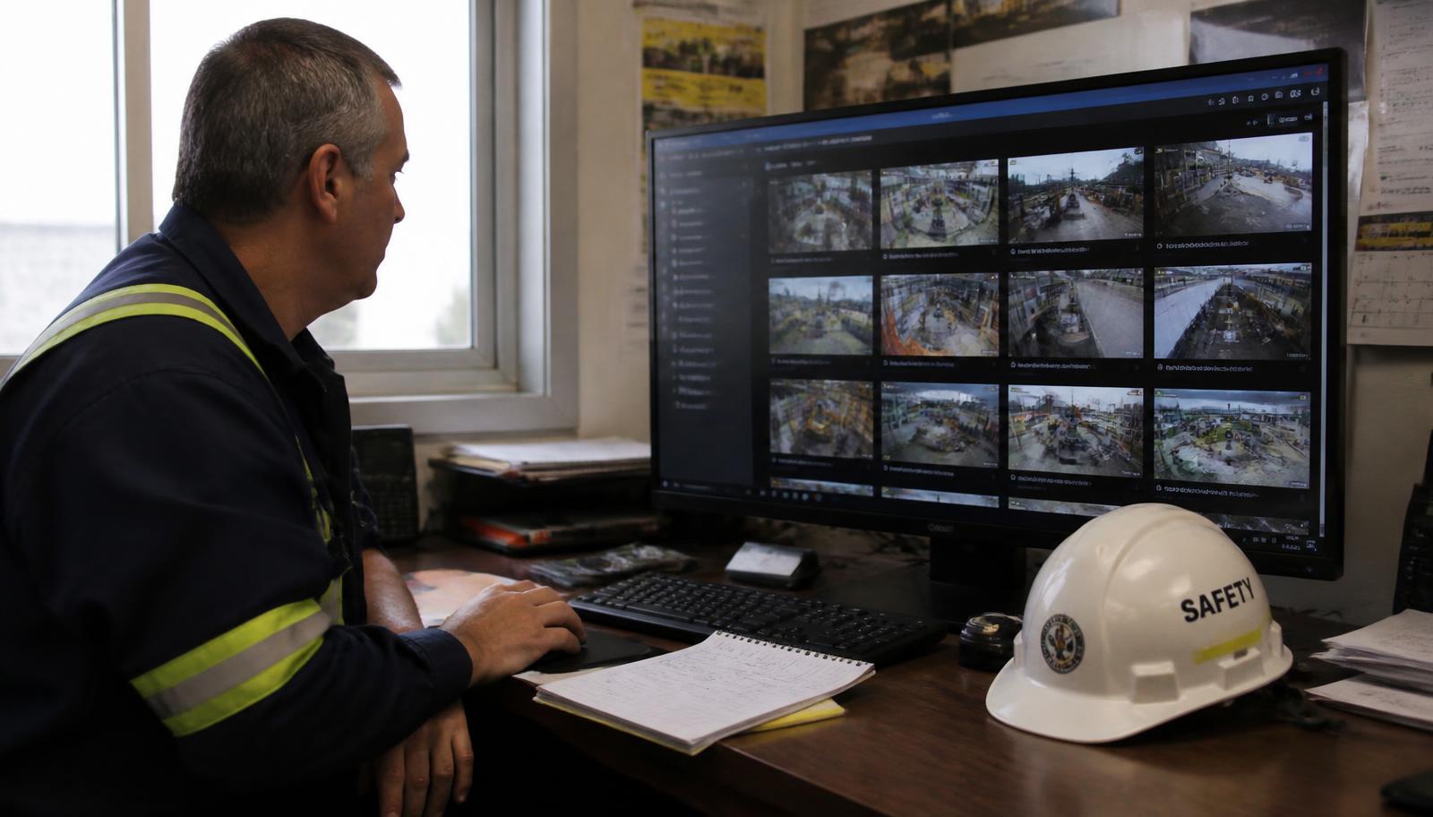 Responsable de seguridad revisando clips de casi accidentes en un monitor
