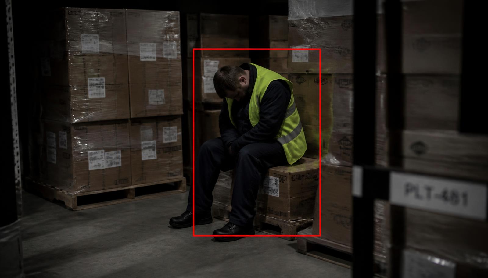 Trabajador dormido sobre una tarima en un rincón oscuro del almacén, marcado en rojo