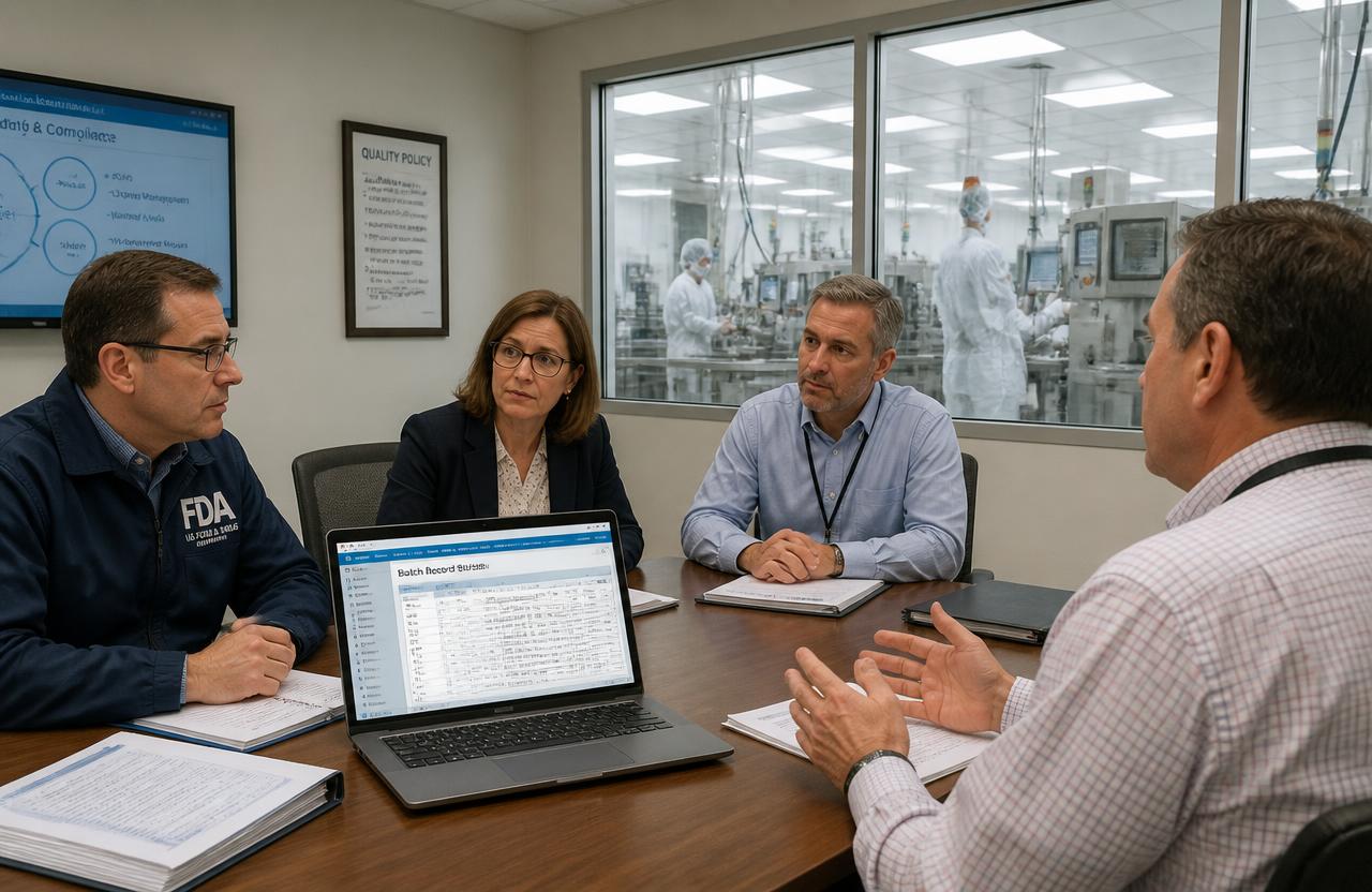 Auditor de la FDA y gerentes de calidad revisando un registro de lote digital en una laptop