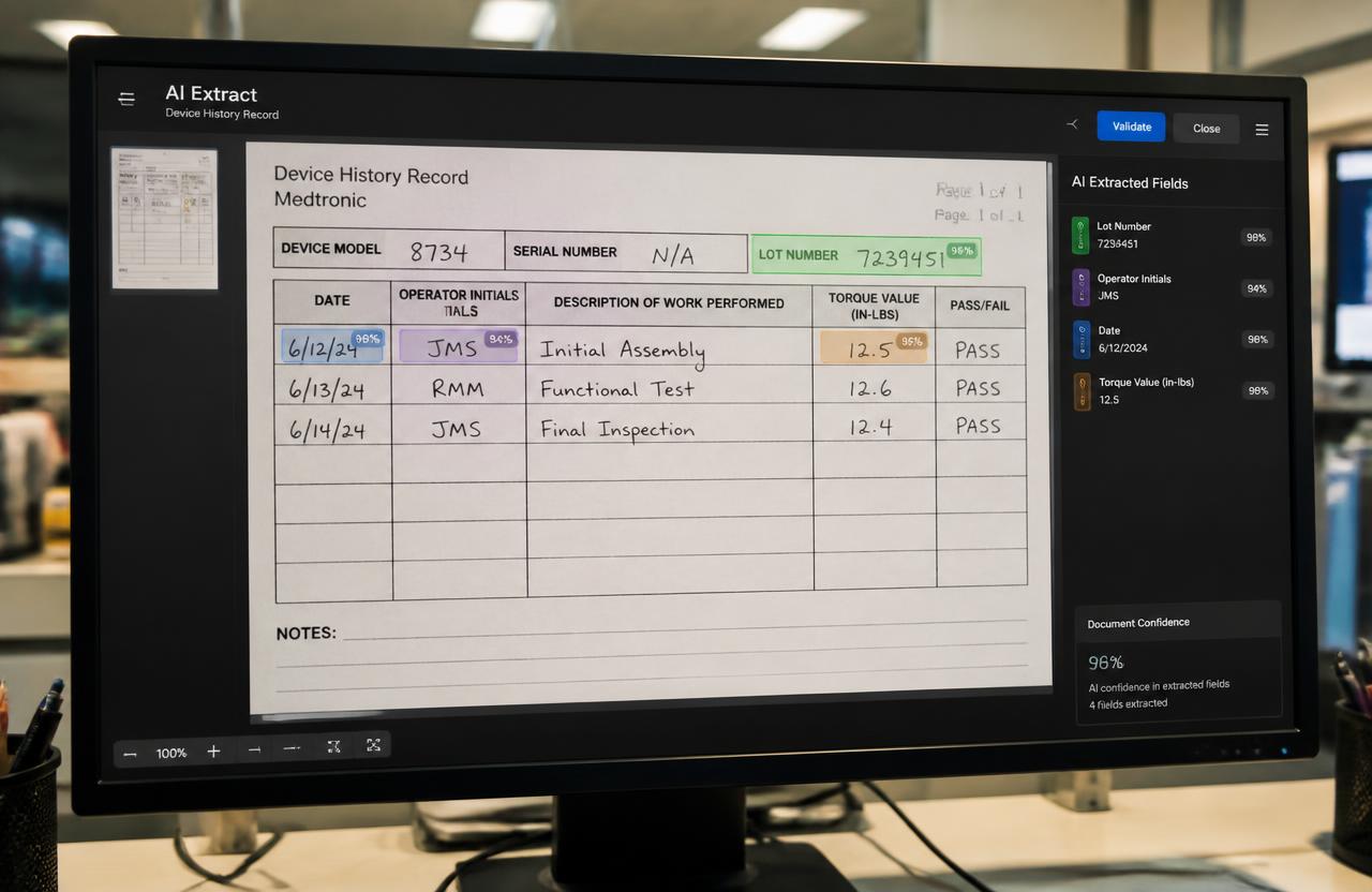 Pantalla con un historial de dispositivo escaneado y campos resaltados por IA