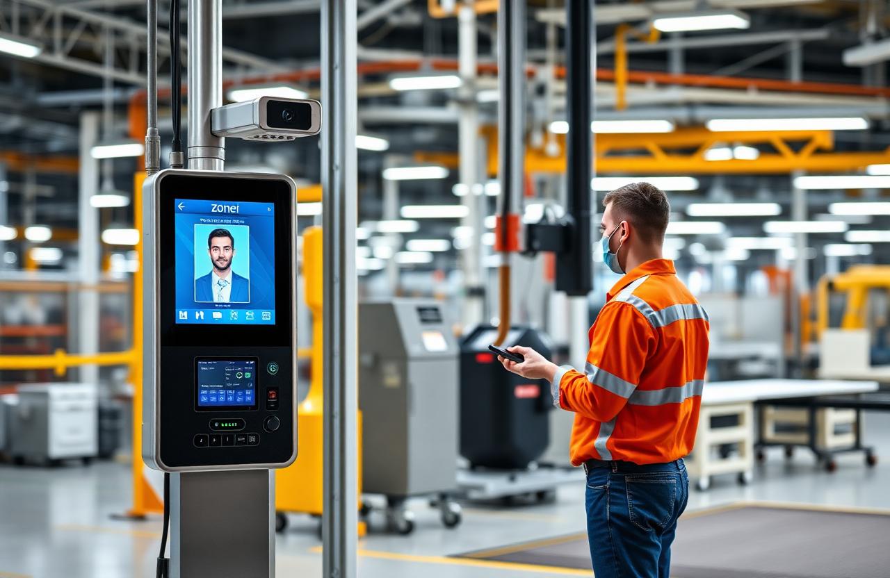 Terminal moderna de registro con reconocimiento facial y gafete en una línea de ensamble