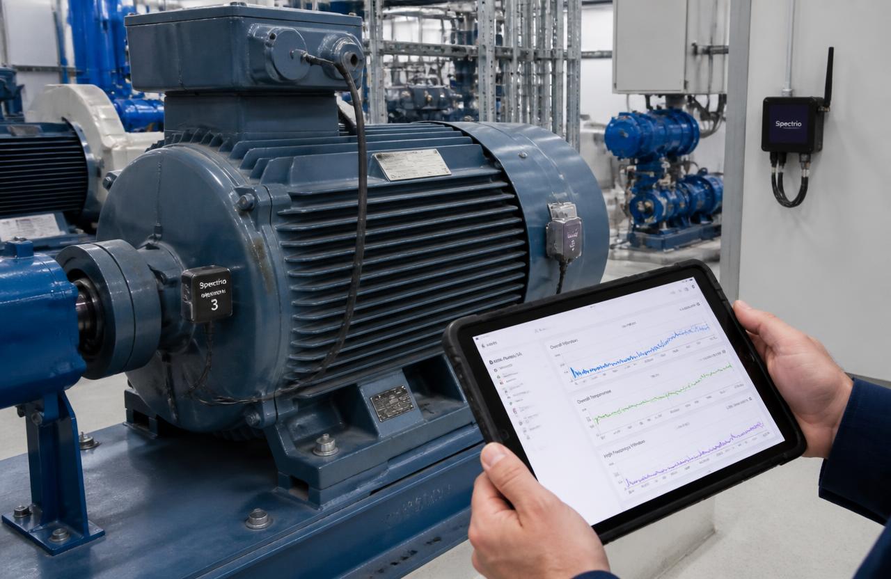 Motor industrial moderno con sensores inalámbricos de vibración y temperatura y un técnico con tableta mostrando tendencias