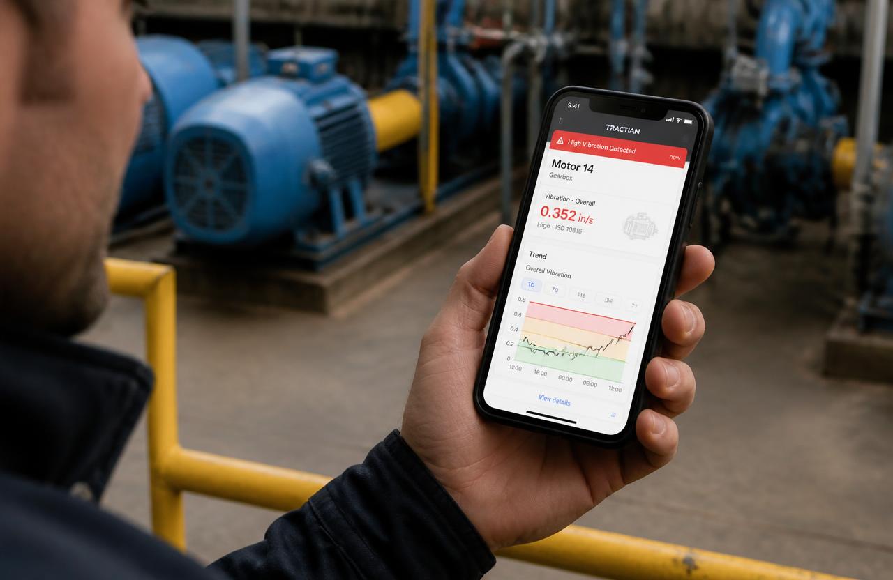 Supervisor de mantenimiento leyendo una alerta de vibración alta del Motor 14 en el celular