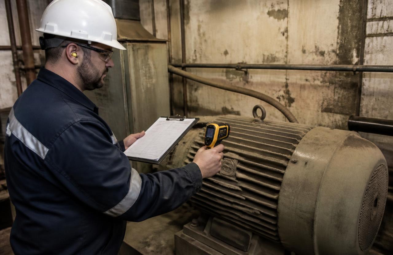 Técnico de mantenimiento tomando una lectura manual de temperatura en un motor eléctrico con tabla y pluma