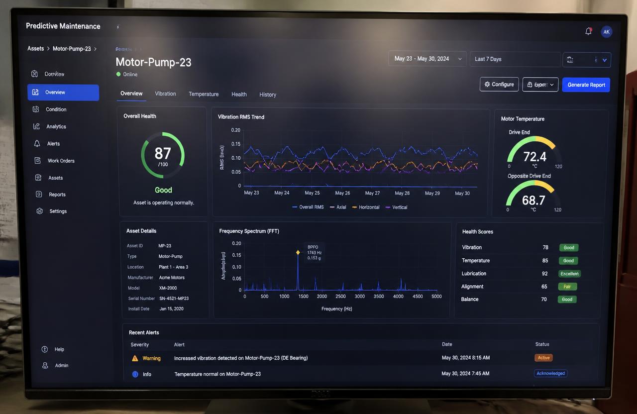 Tablero de mantenimiento predictivo con tendencias de vibración, espectro FFT y temperatura de motor