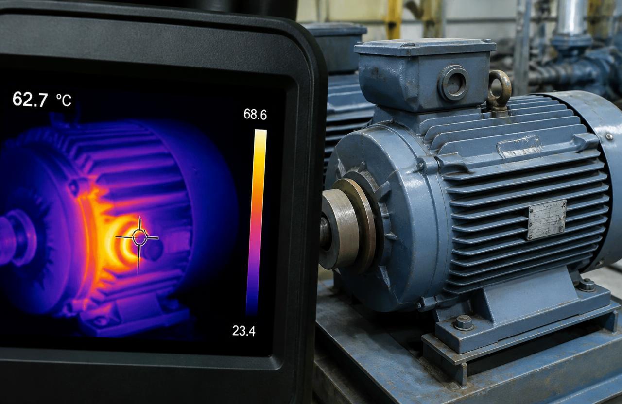 Imagen de cámara térmica de un motor eléctrico mostrando un rodamiento caliente junto al motor real