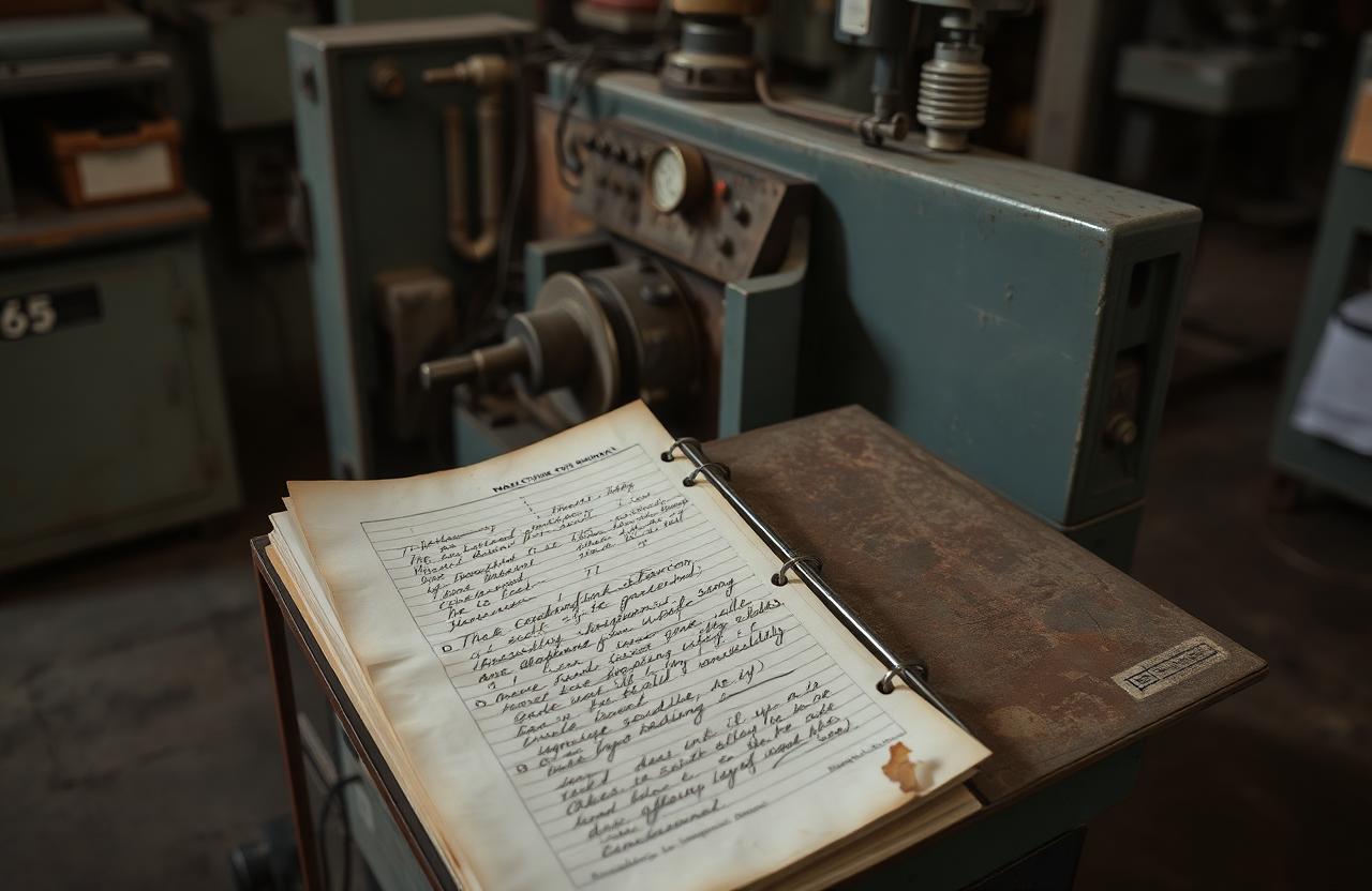 Manual obsoleto y notas a mano sobre una máquina de moldeo antigua
