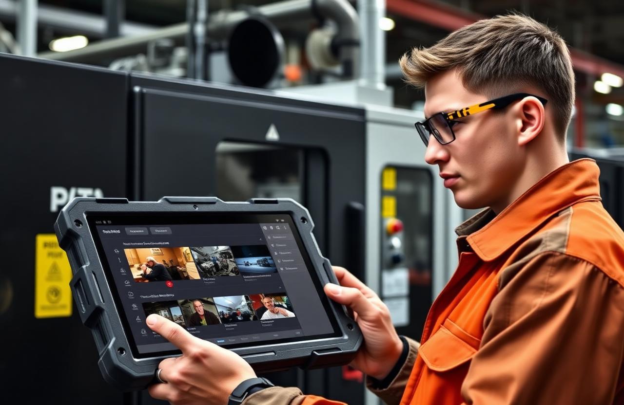 Ingeniero consultando una biblioteca digital de conocimiento en una tableta