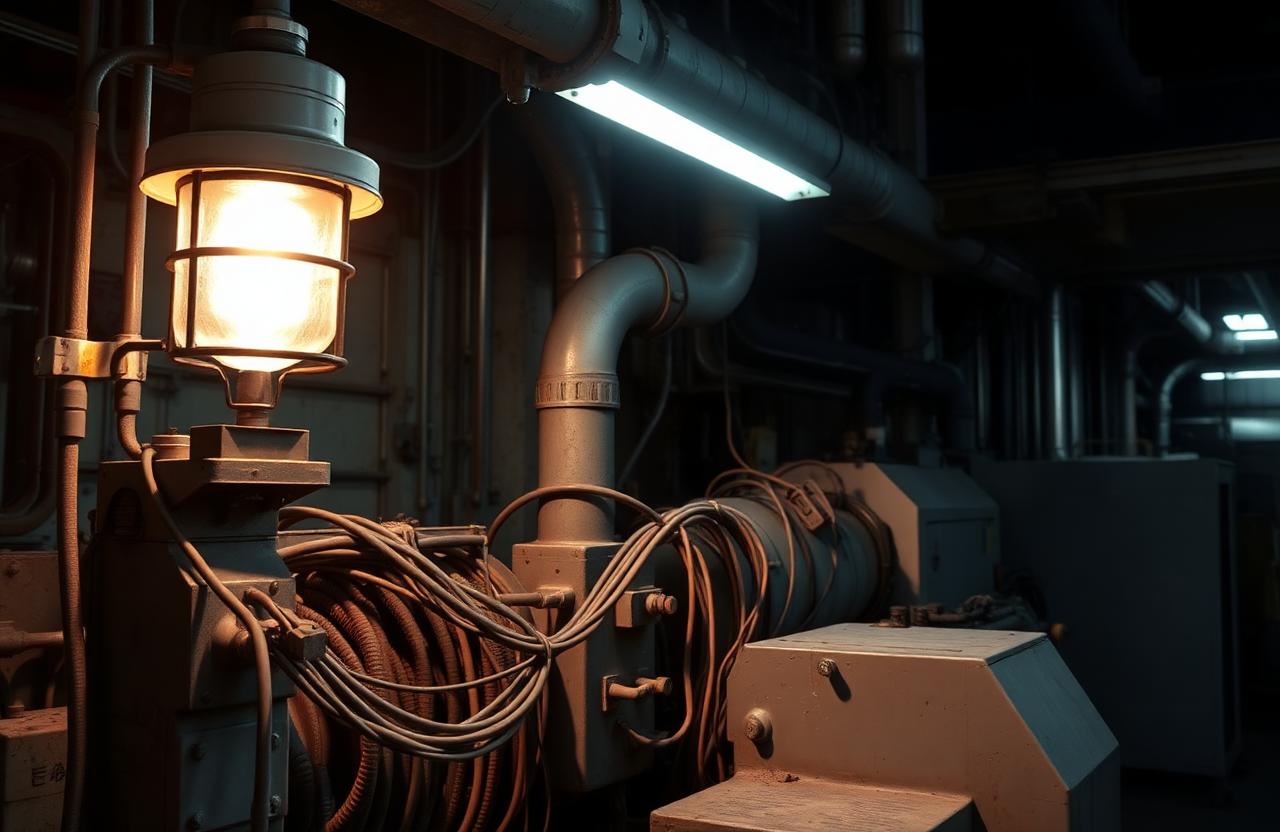 Torreta andon antigua con cableado y canaletas enredadas en una máquina