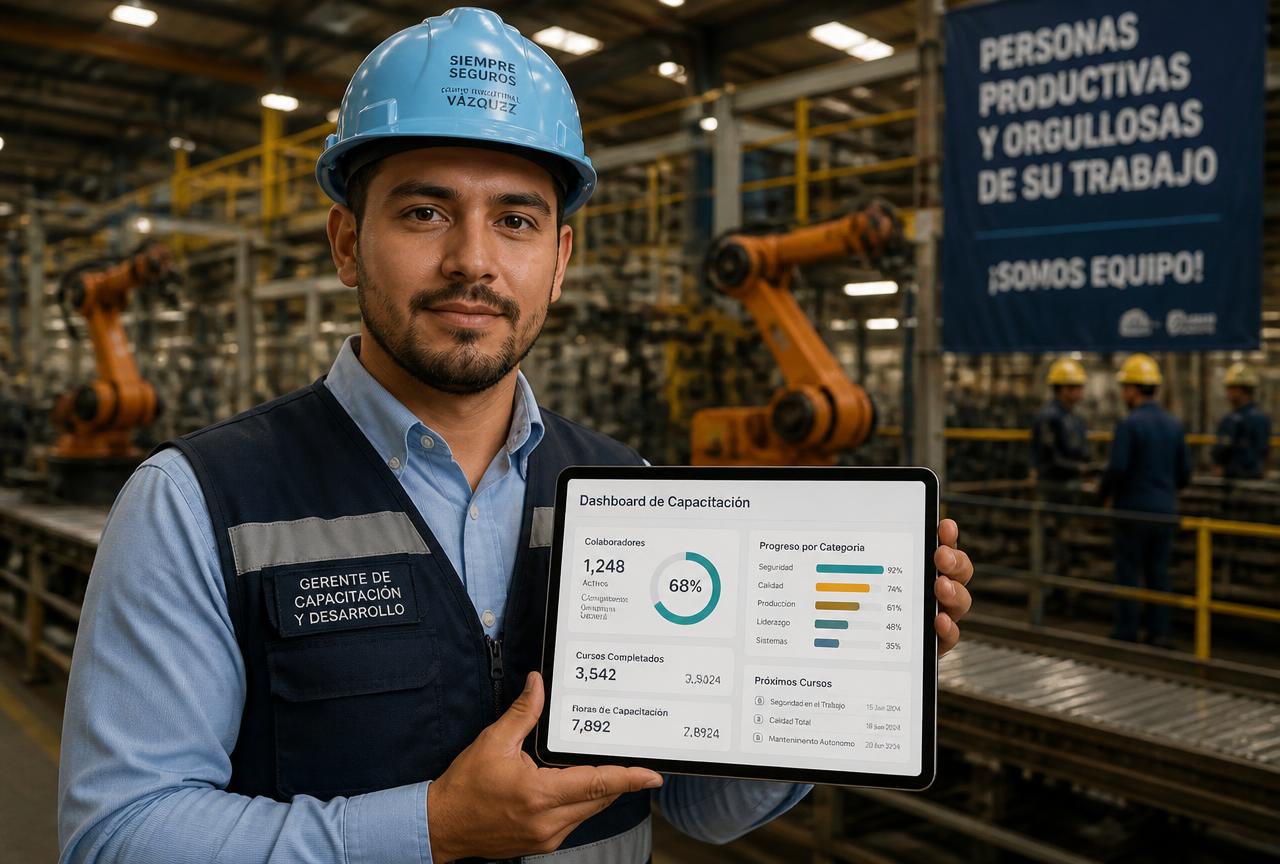 Gerente de capacitación revisando el avance de los empleados en planta