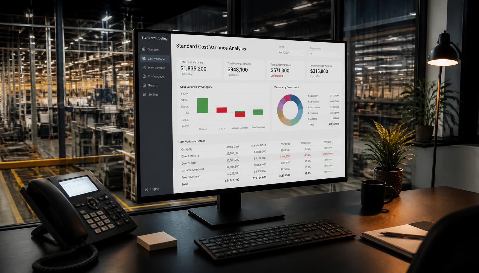 Tablero de variaciones de costo estándar en una oficina de finanzas con vista al piso de planta