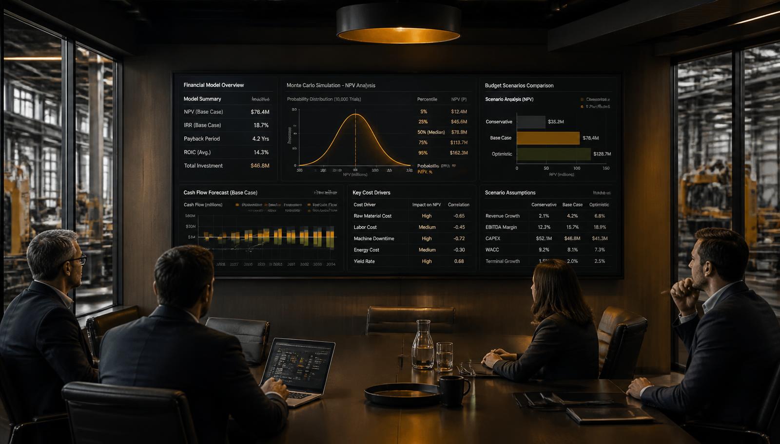 Pantalla de sala de consejo con curvas de simulación Monte Carlo y escenarios de presupuesto