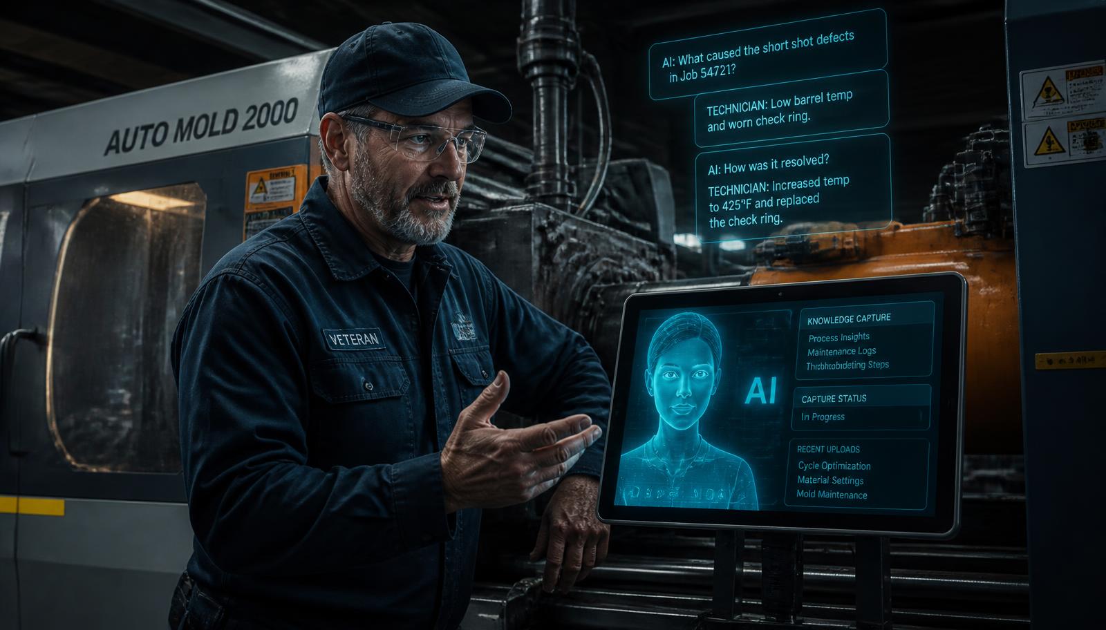 Técnico experto explicando una máquina de moldeo por inyección a un avatar de IA en una tableta