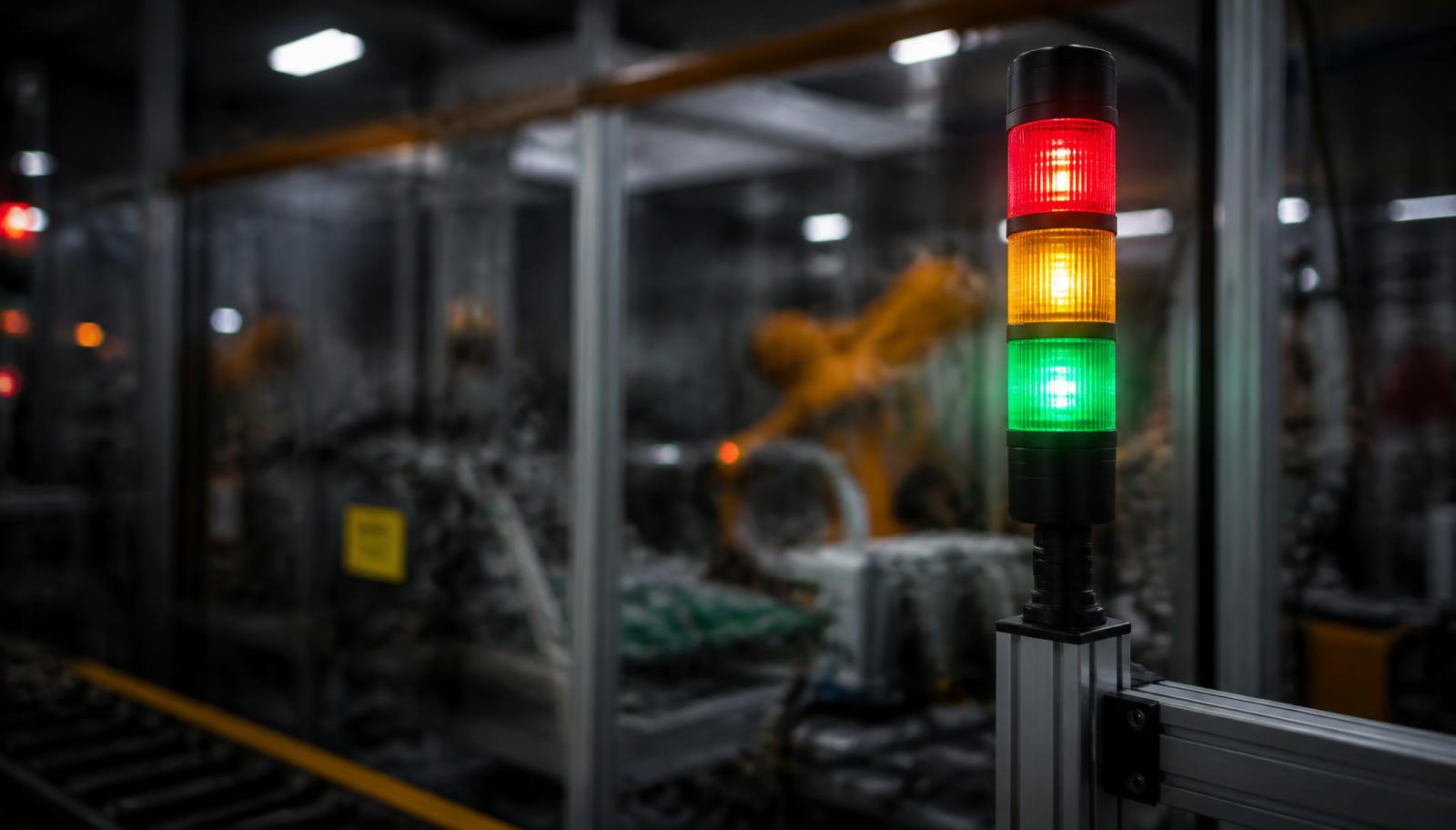Torreta andon inalámbrica de tres colores encendida en una estación de trabajo de planta